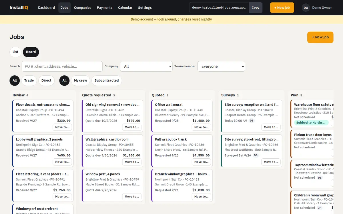 The jobs board with columns from review to paid