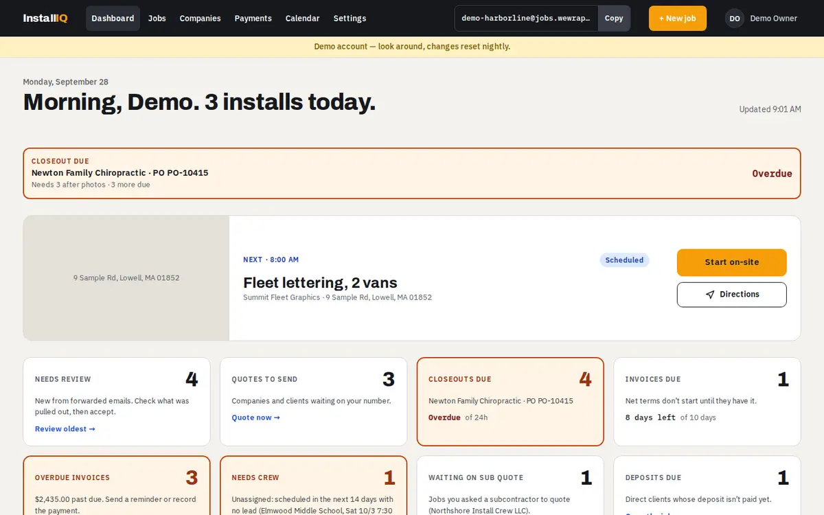 The dashboard with today's installs, deadlines and money