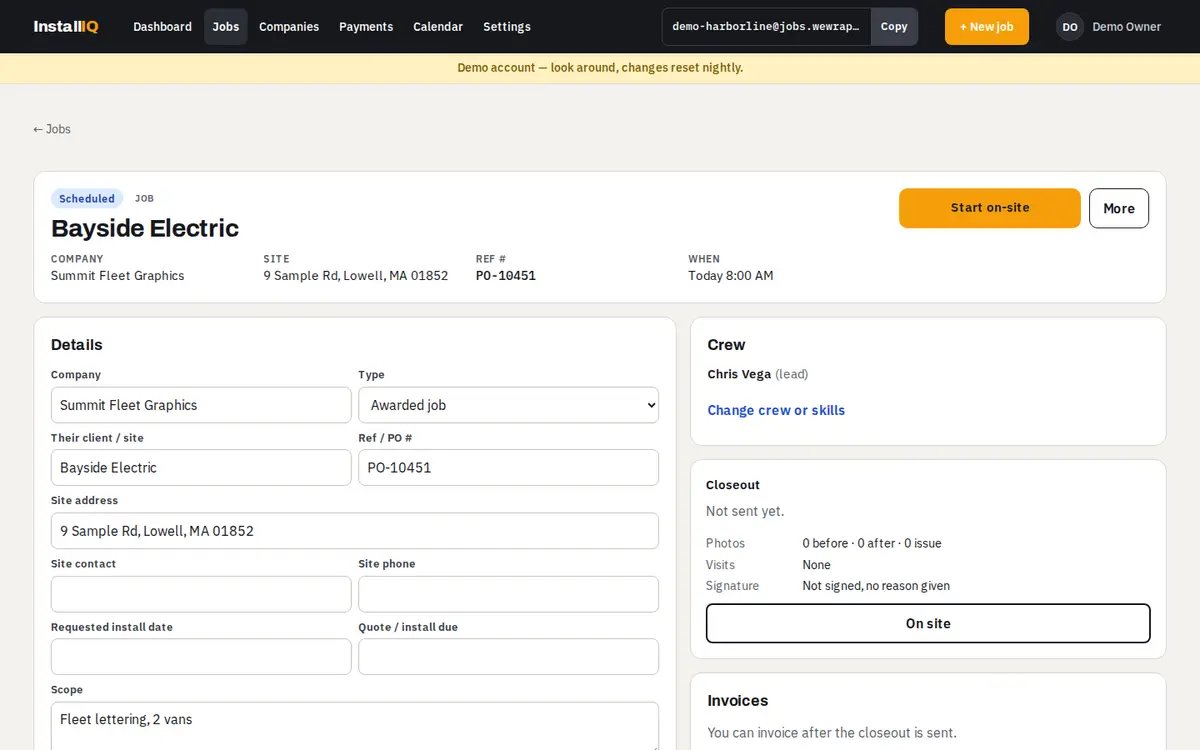 A job page with details, crew and invoices