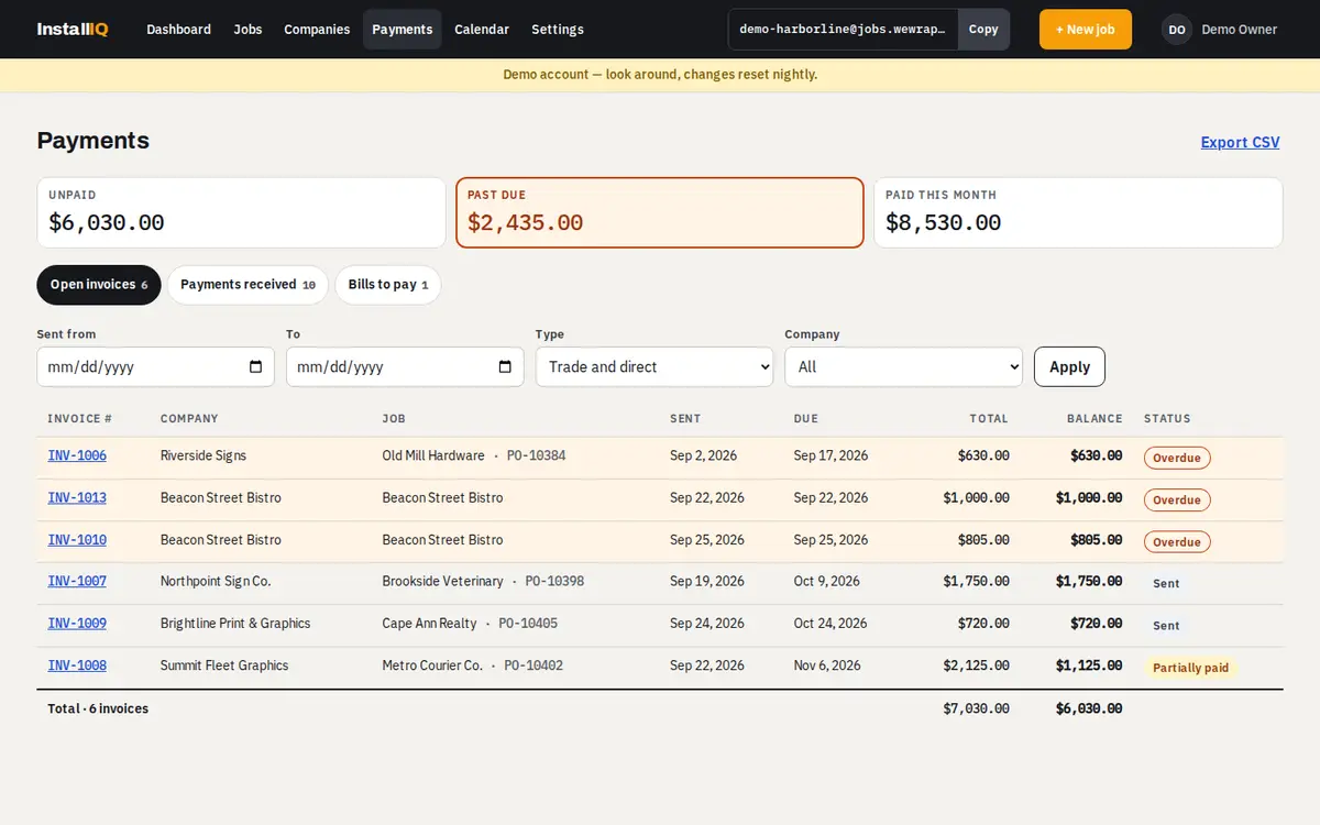 The payments page with open and received invoices